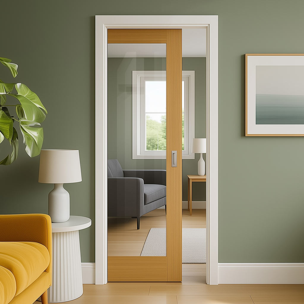 Pattern 10 Style Oak Single Evokit Pocket Door - Clear Glass - Unfinis ...