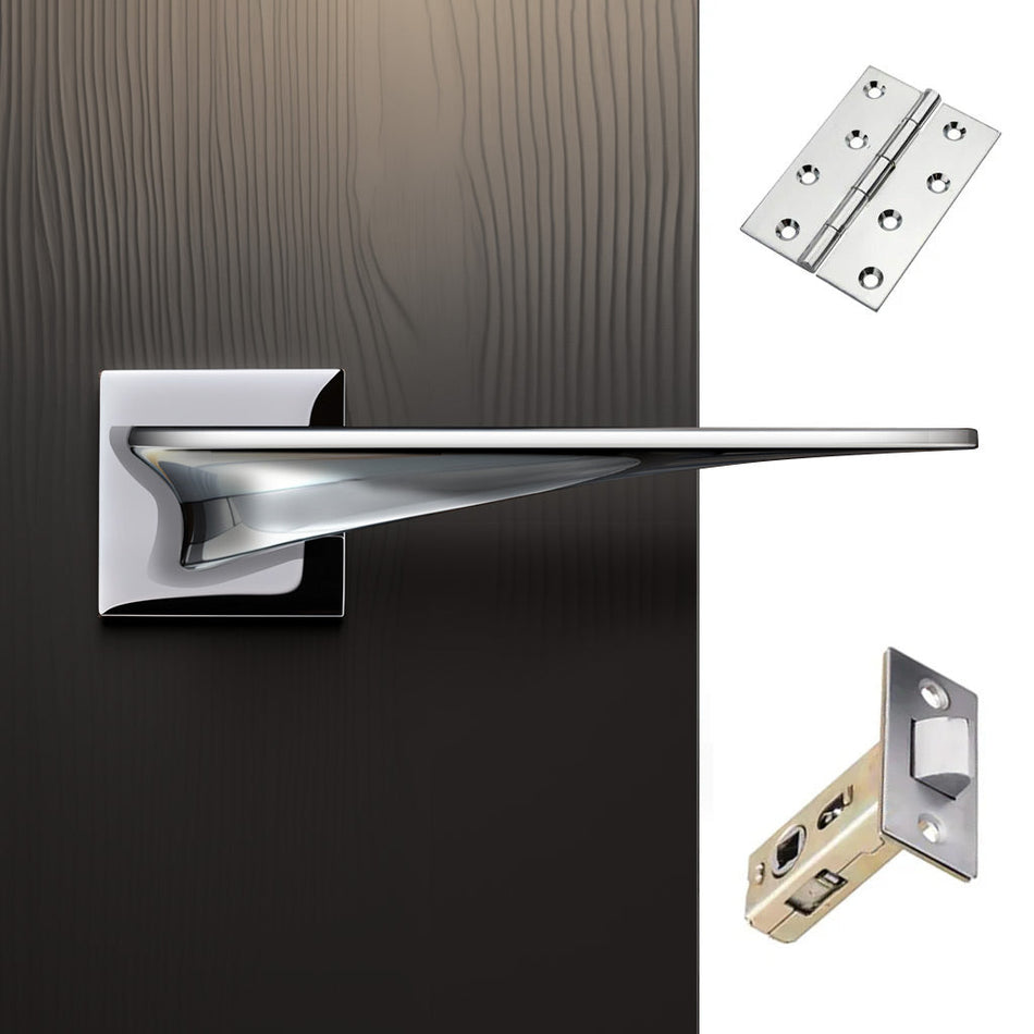 Zenith Door Lever Handle Pack - 4 Square Hinges - Polished Chrome Finish