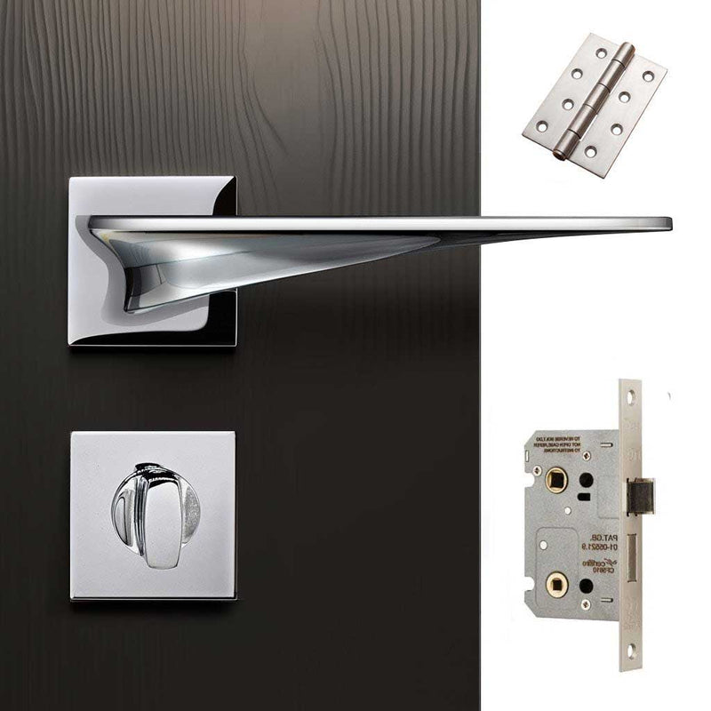 Zenith Door Lever Bathroom Handle Pack - 4 Square Hinges - Polished Chrome Finish