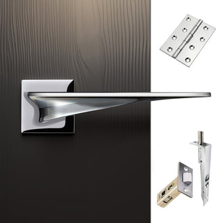 Image: Zenith Double Door Lever Handle Pack - 6 Square Hinges - Polished Chrome Finish - Combo Handle and Accessory Pack