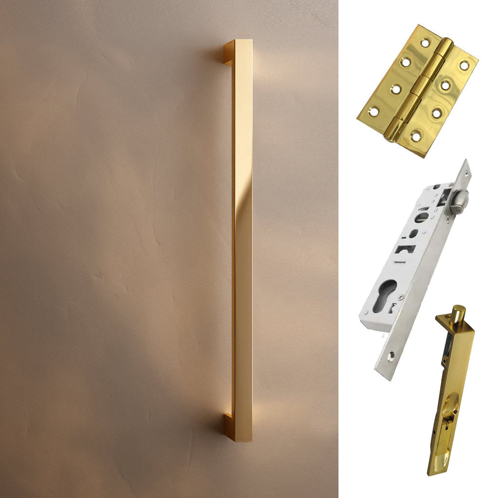 Concord XL 400mm Back to Back Double Door Pull Handle Pack - 8 Square Hinges - Polished Gold Finish