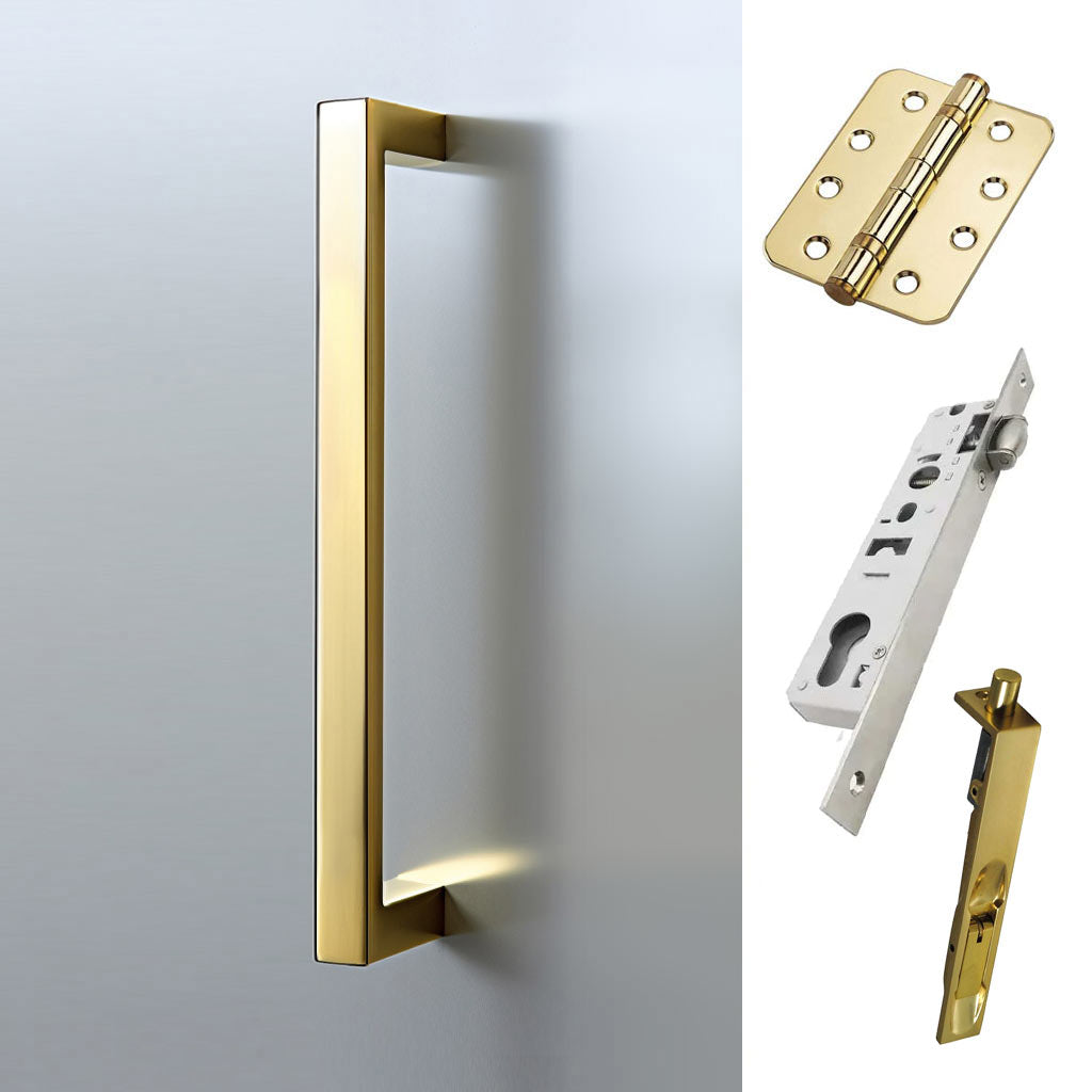 Concord 280mm Back to Back Double Door Pull Handle Pack - 6 Radius Cornered Hinges - Polished Gold Finish