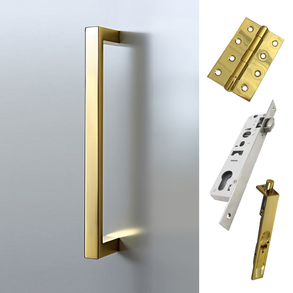 Concord 280mm Back to Back Double Door Pull Handle Pack - 8 Square Hinges - Polished Gold Finish