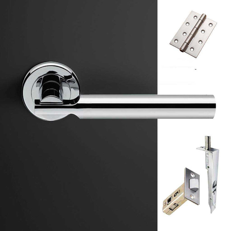 Turin Double Door Lever Handle Pack - 6 Square Hinges - Polished Chrome Finish - Combo Handle and Accessory Pack