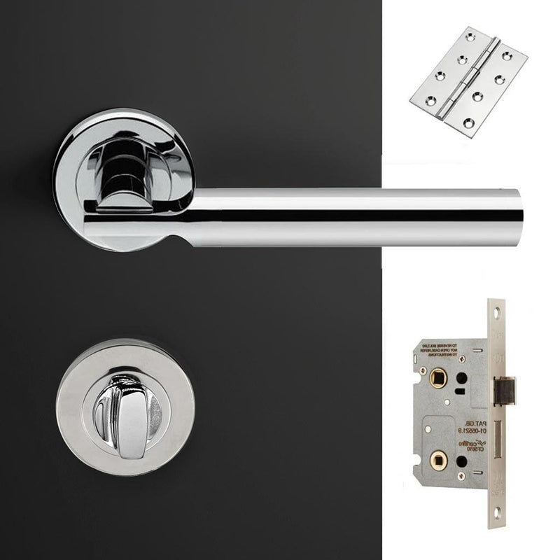 Turin Door Lever Bathroom Handle Pack - 3 Square Hinges - Polished Chrome Finish