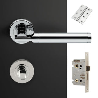 Image: Turin Door Lever Bathroom Handle Pack - 4 Square Hinges - Polished Chrome Finish