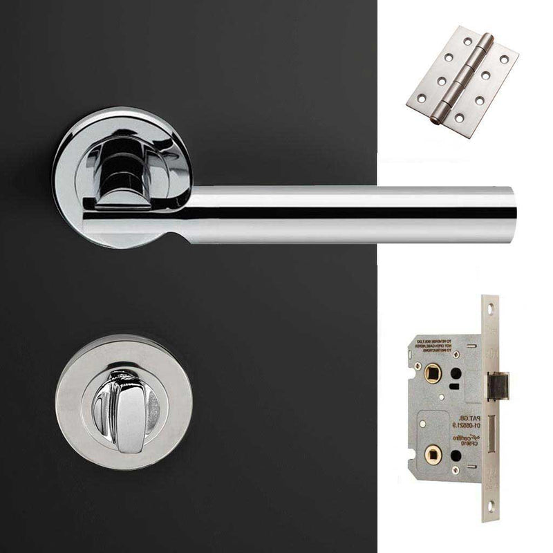 Turin Door Lever Bathroom Handle Pack - 4 Square Hinges - Polished Chrome Finish