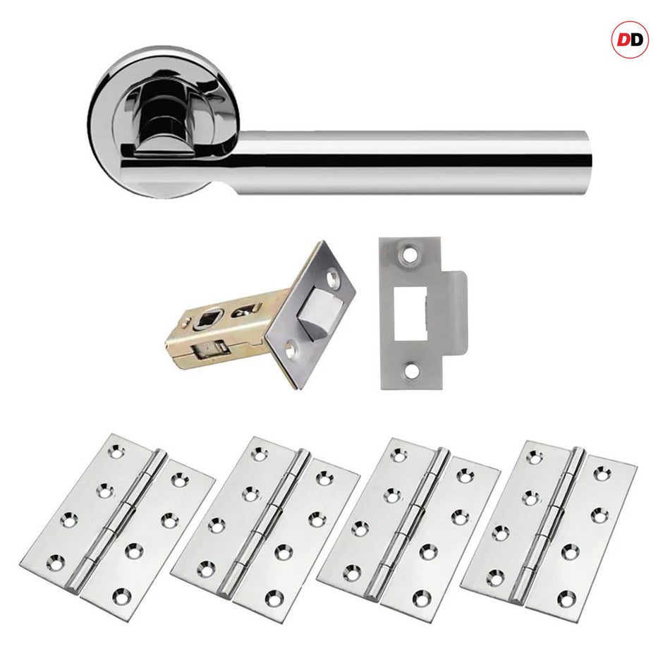 Turin Door Lever Handle Pack - 4 Square Hinges - Polished Chrome Finish