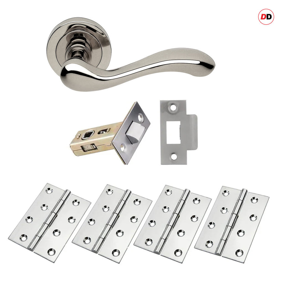 Bari Door Lever Handle Pack - 4 Square Hinges - Polished Chrome Finish