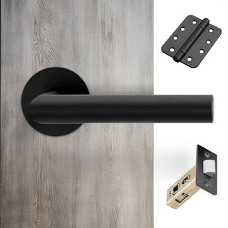 Image: Monroe Door Lever Handle Pack - 3 Radius Cornered Hinges - Matt Black