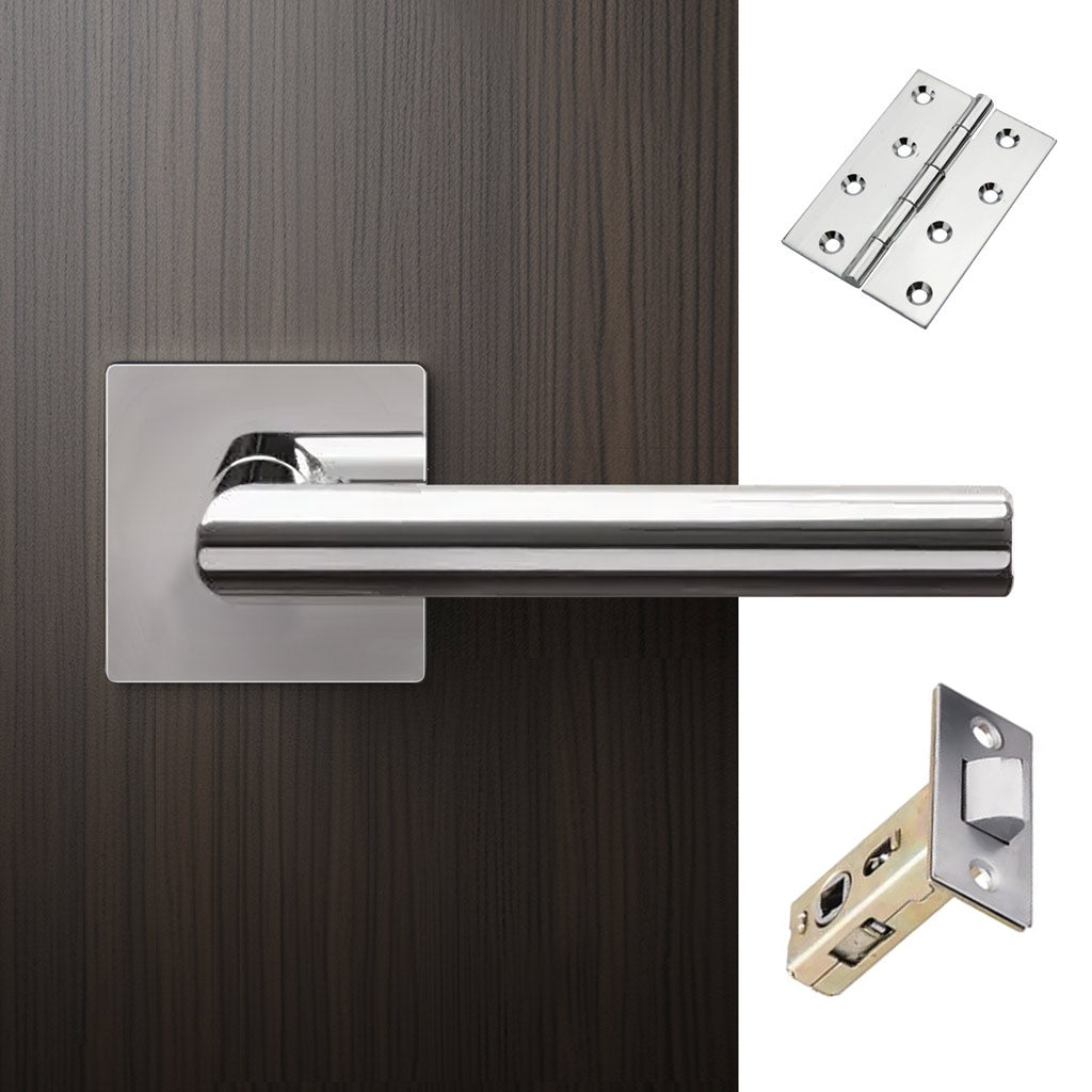 Orlando Door Lever Handle Pack - 3 Square Hinges - Polished Stainless Steel