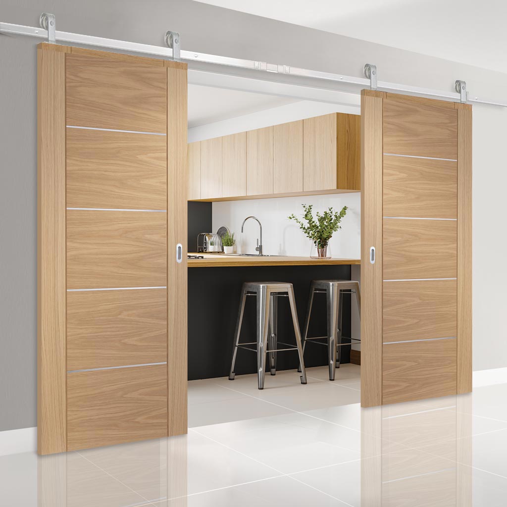 Top Mounted Stainless Steel Sliding Track & Double Door - Portici Oak Flush Doors - Aluminium Inlay - Prefinished