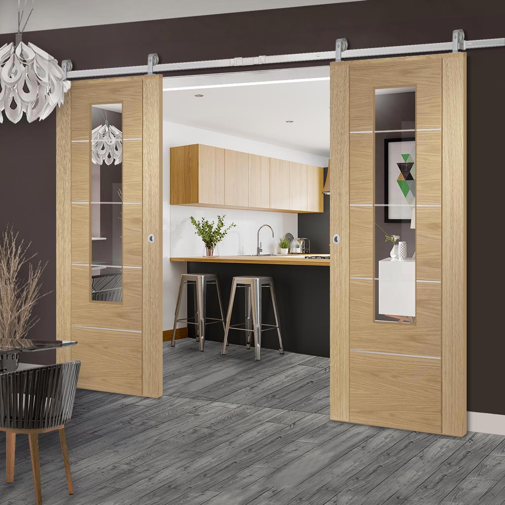 Top Mounted Stainless Steel Sliding Track Double Door Portici Oak