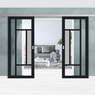 Image: Double Sliding Door & Premium Wall Track - Eco-Urban® Portobello 5 Pane Doors DD6438G Clear Glass(1 FROSTED PANE) - 6 Colour Options
