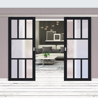 Image: Double Sliding Door & Premium Wall Track - Eco-Urban® Queensland 7 Pane Doors DD6424SG Frosted Glass - 6 Colour Options