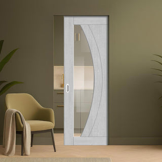 Image: Ravello Single Absolute Evokit Pocket Door - Light Grey Ash - Prefinished - Clear Glass