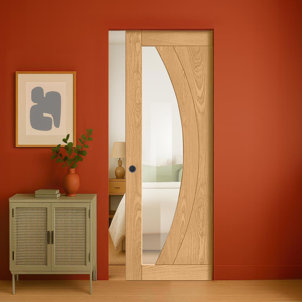 Ravello Oak Single Absolute Evokit Pocket Door - Prefinished - Clear Glass