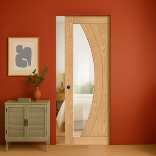 Image: Ravello Oak Single Absolute Evokit Pocket Door - Prefinished - Clear Glass
