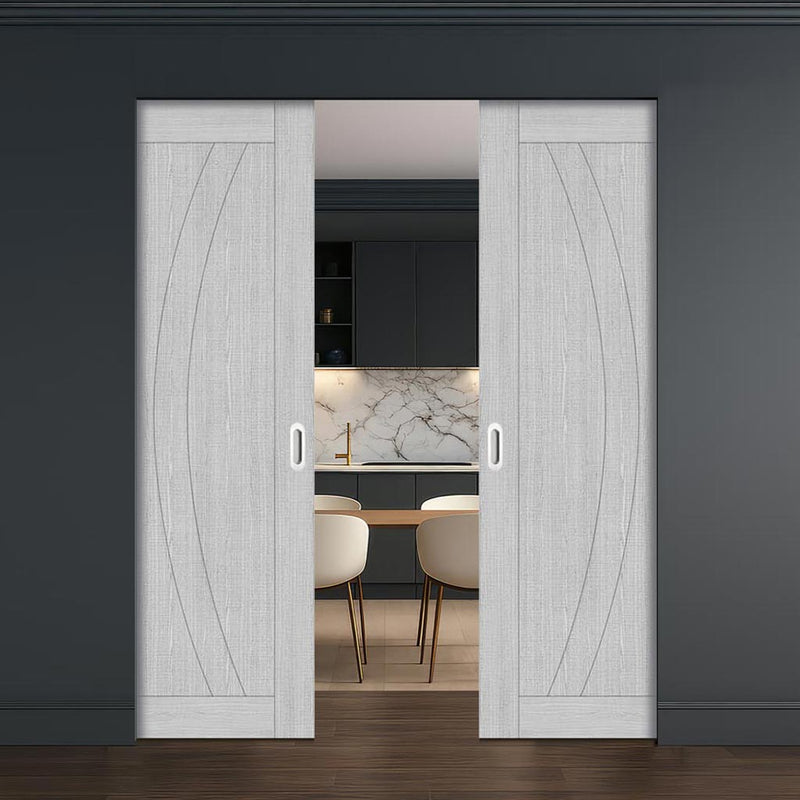 Ravello Double Absolute Evokit Pocket Doors - Light Grey Ash - Prefinished