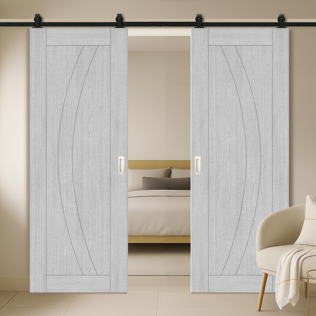 Top Mounted Black Sliding Track & Double Door - Ravello Prefinished Light Grey Ash Door