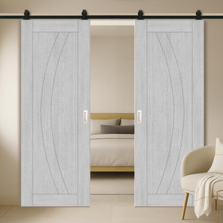 Image: Top Mounted Black Sliding Track & Double Door - Ravello Prefinished Light Grey Ash Door