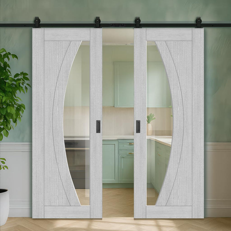 Top Mounted Black Sliding Track & Double Door - Ravello Prefinished Light Grey Ash Door - Clear Glass