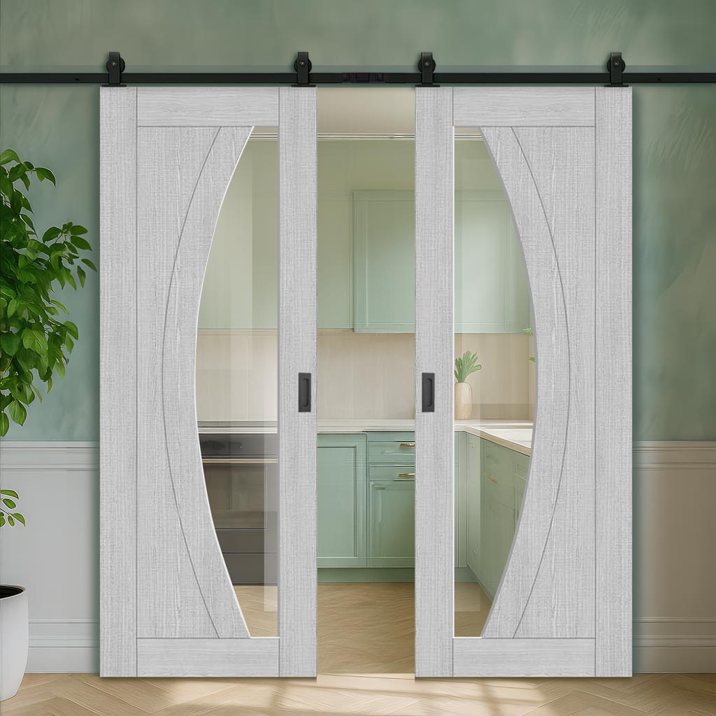 Top Mounted Black Sliding Track & Double Door - Ravello Prefinished Light Grey Ash Door - Clear Glass