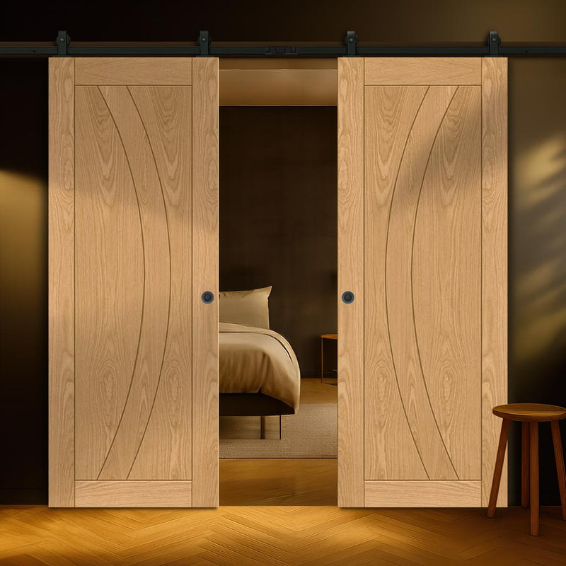 Top Mounted Black Sliding Track & Double Door - Ravello Oak Door - Unfinished