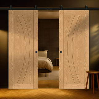 Image: Top Mounted Black Sliding Track & Double Door - Ravello Oak Door - Unfinished
