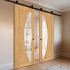 Top Mounted Black Sliding Track & Double Door - Ravello Oak Door - Clear Glass - Prefinished
