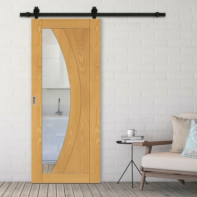 Top Mounted Black Sliding Track & Door - Ravello Oak Door - Clear Glass - Prefinished
