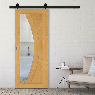Image: Top Mounted Black Sliding Track & Door - Ravello Oak Door - Clear Glass - Prefinished