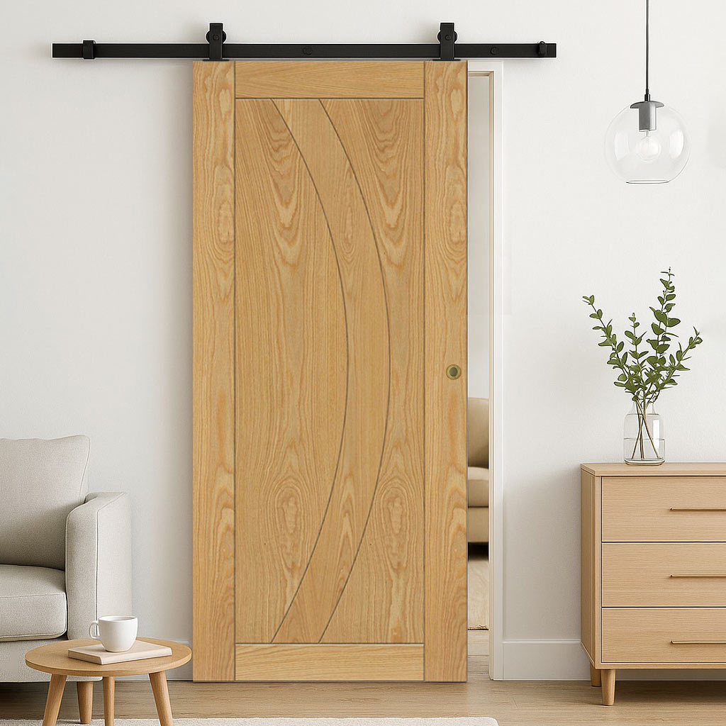Top Mounted Black Sliding Track & Door - Ravello Oak Door - Prefinished