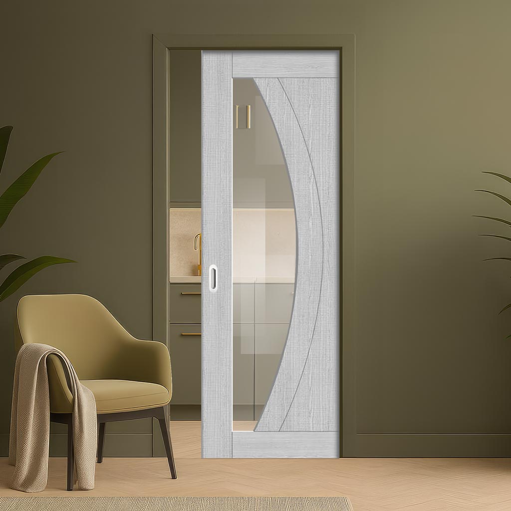 Ravello Single Evokit Pocket Door - Light Grey Ash - Prefinished - Clear Glass