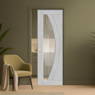 Image: Ravello Single Evokit Pocket Door - Light Grey Ash - Prefinished - Clear Glass