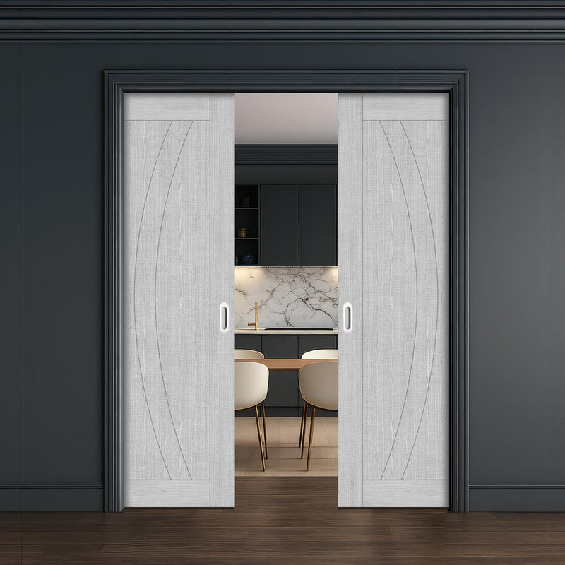 Ravello Double Evokit Pocket Doors - Light Grey Ash - Prefinished