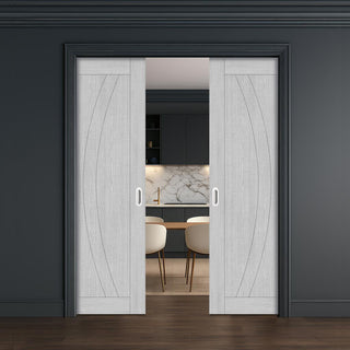 Image: Ravello Double Evokit Pocket Doors - Light Grey Ash - Prefinished