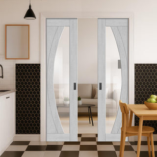 Image: Ravello Double Evokit Pocket Doors - Light Grey Ash - Prefinished - Clear Glass