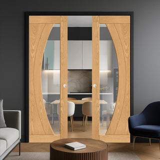 Image: Ravello Oak Double Evokit Pocket Doors - Prefinished - Clear Glass