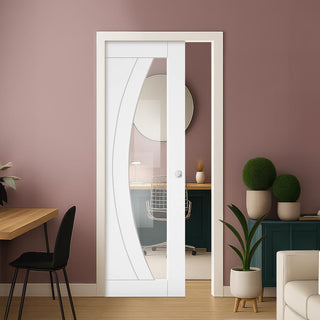 Image: Ravello White Single Evokit Pocket Door - Prefinished - Clear Glass