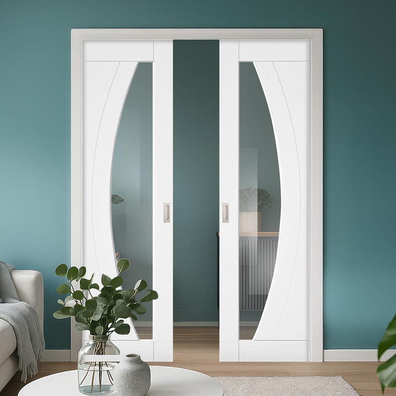 Ravello White Double Evokit Pocket Doors - White Primed - Clear Glass