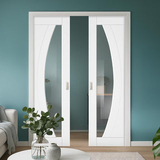 Image: Ravello White Double Evokit Pocket Doors - Prefinished - Clear Glass
