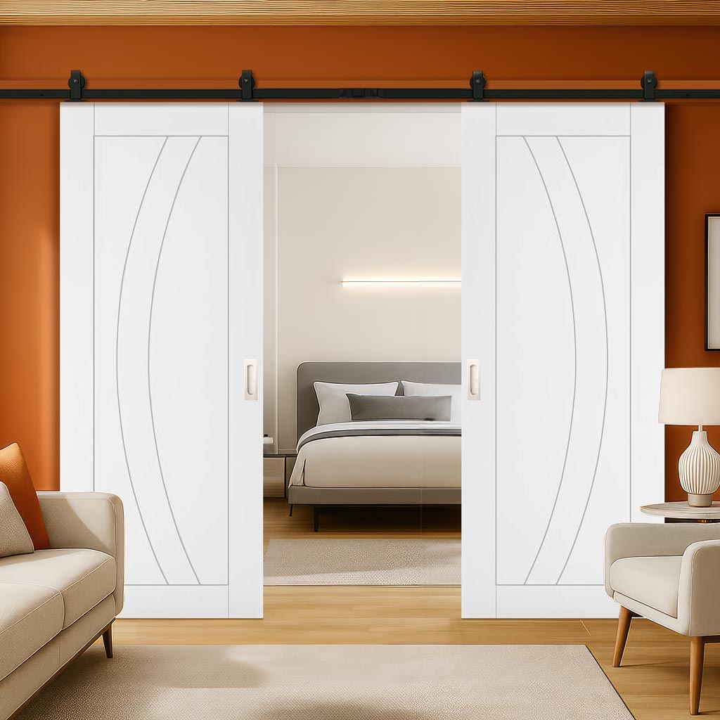 Top Mounted Black Sliding Track & Double Door - Ravello White Primed Flush Door