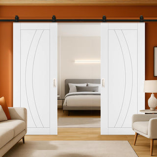 Image: Top Mounted Black Sliding Track & Double Door - Ravello White Primed Flush Door