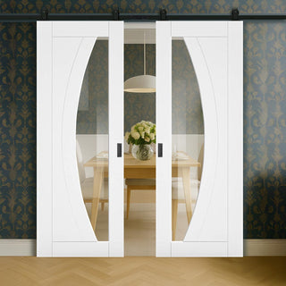 Image: Top Mounted Black Sliding Track & Double Door - Ravello White Primed Door - Clear Glass