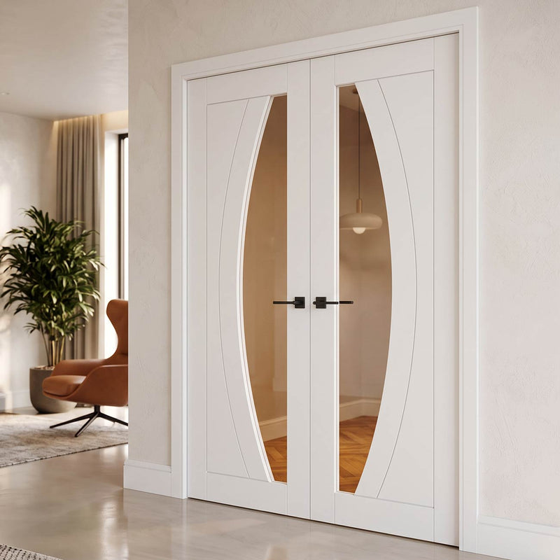 Ravello White Primed Internal Door Pair - Clear Glass