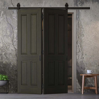 Image: SpaceEasi Top Mounted Black Folding Track & Double Door  - Regency 4 Panel Smoked Oak Door - Prefinished