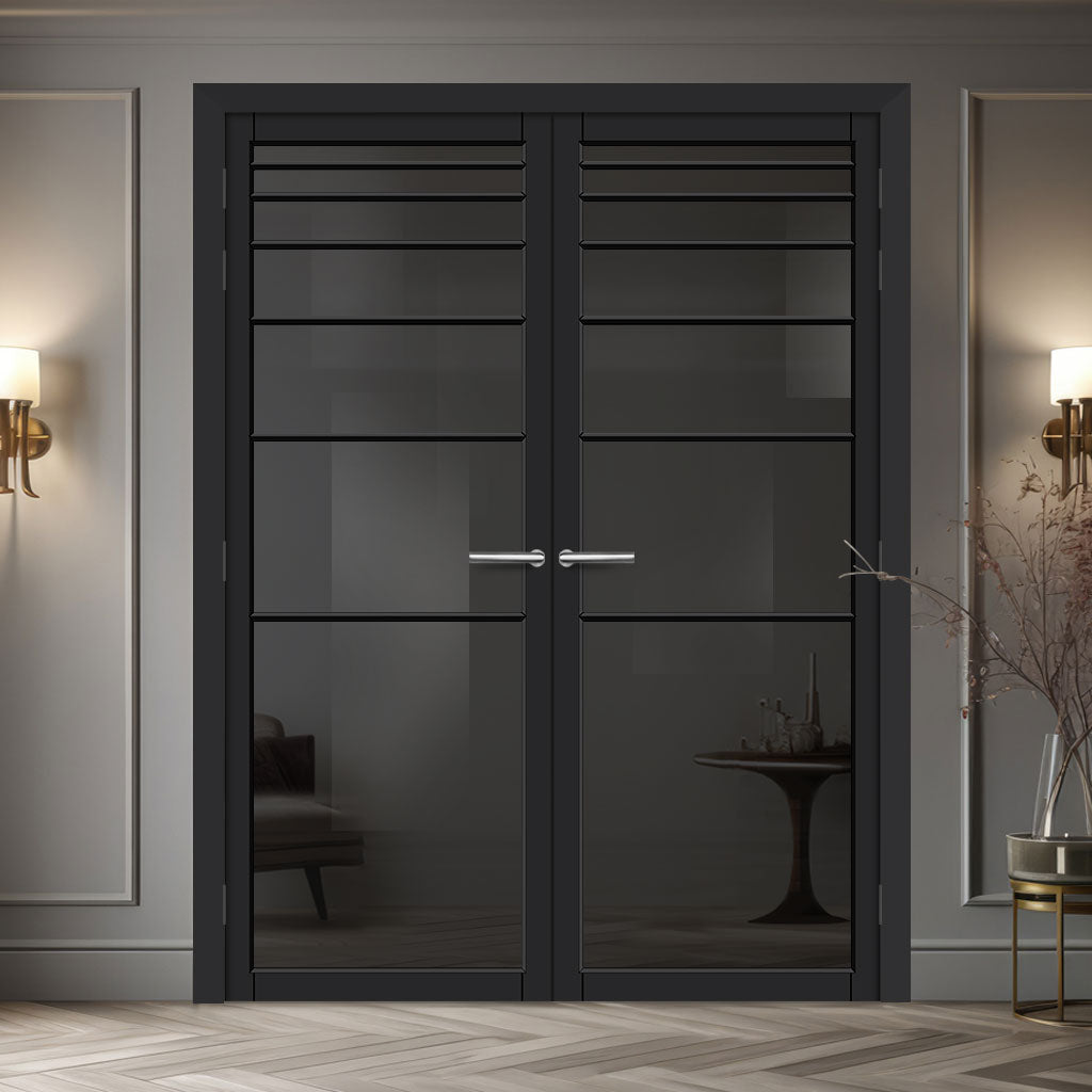 Revella Solid Wood Internal Door Pair UK Made DD0111T Tinted Glass - Shadow Black Premium Primed - Urban Lite® Bespoke Sizes