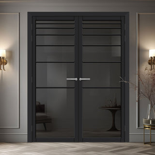 Image: Revella Solid Wood Internal Door Pair UK Made DD0111T Tinted Glass - Shadow Black Premium Primed - Urban Lite® Bespoke Sizes