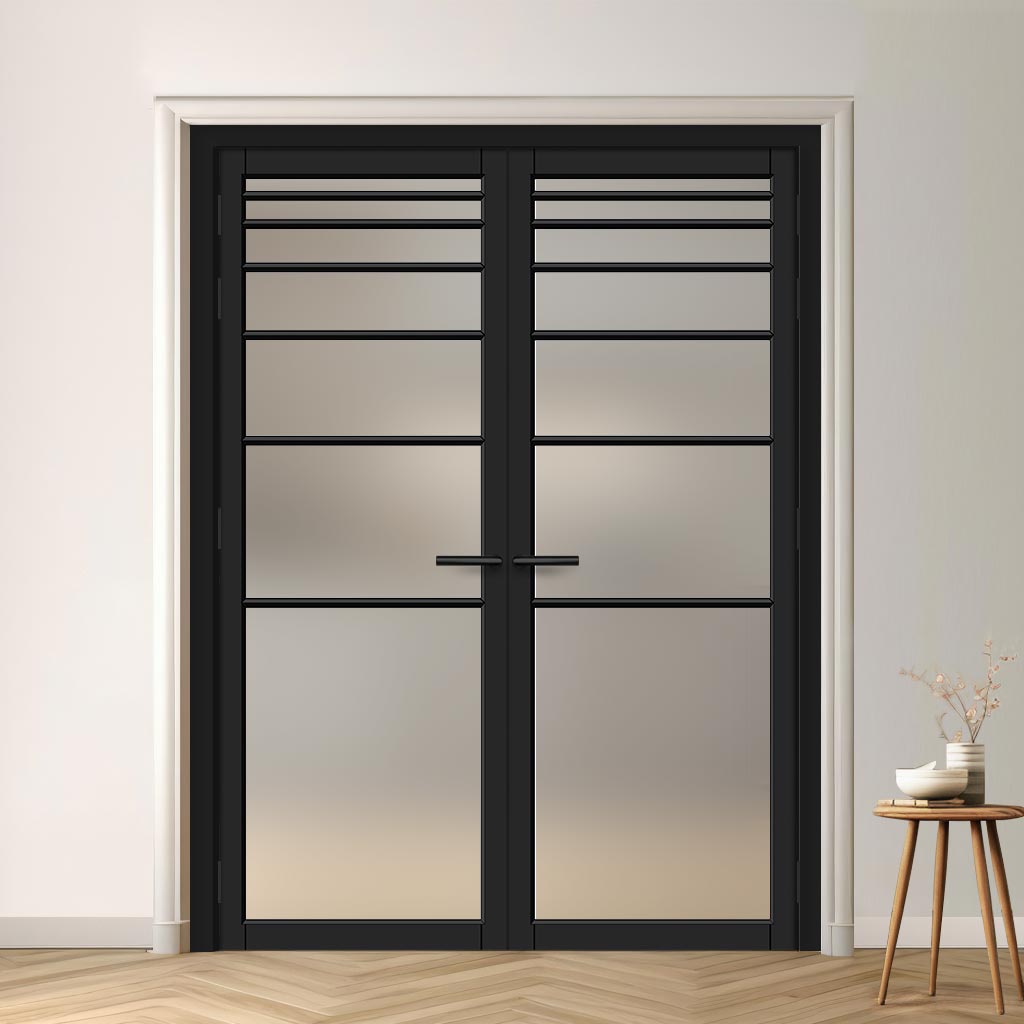 Revella Solid Wood Internal Door Pair UK Made DD0111F Frosted Glass - Shadow Black Premium Primed - Urban Lite® Bespoke Sizes